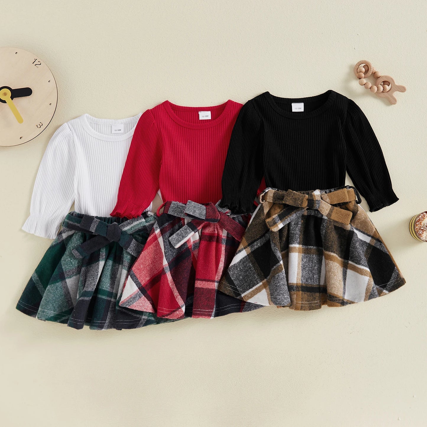 Long Sleeve Pullover with Plaid Print A-Line Skirt Belt Kid Clothing Set