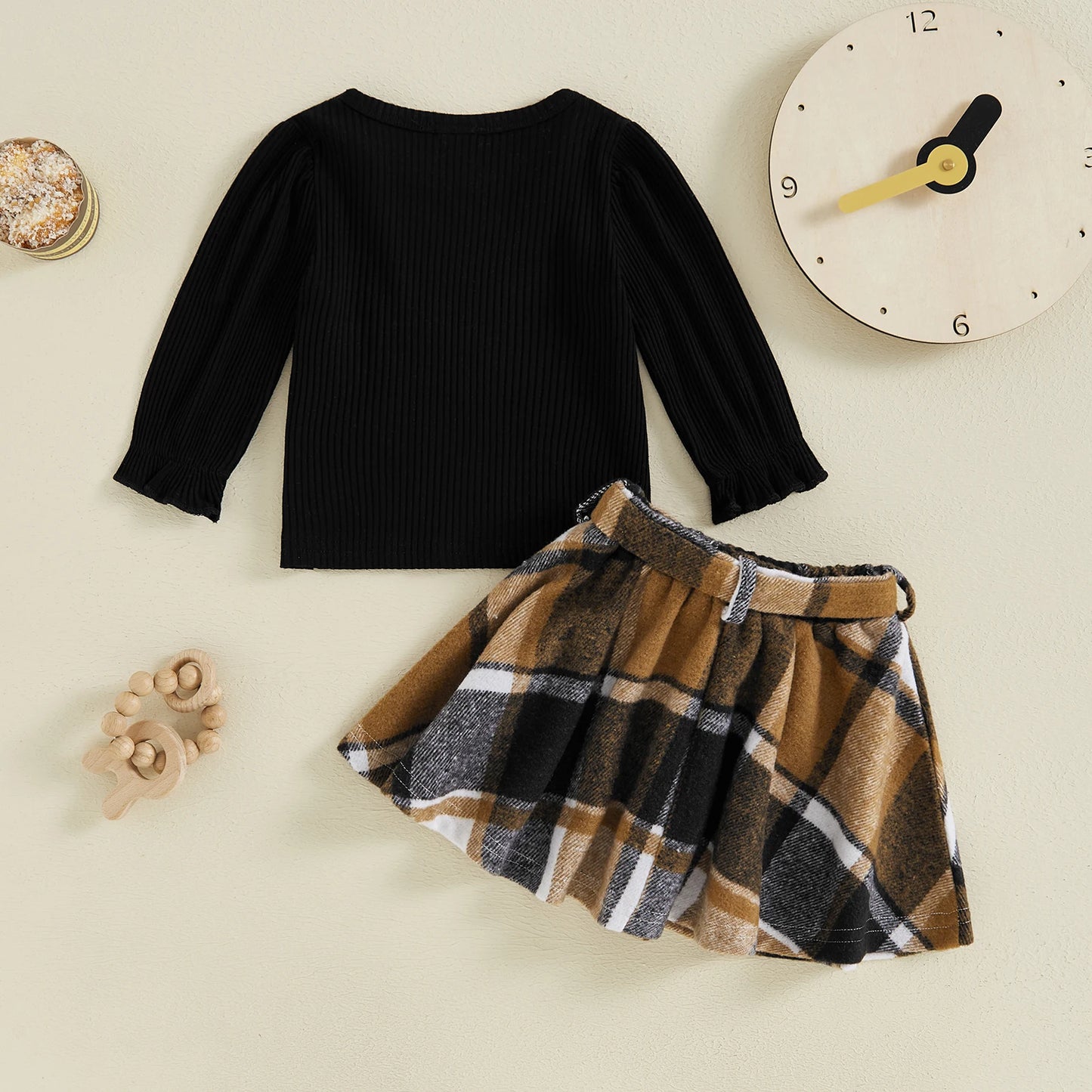 Long Sleeve Pullover with Plaid Print A-Line Skirt Belt Kid Clothing Set