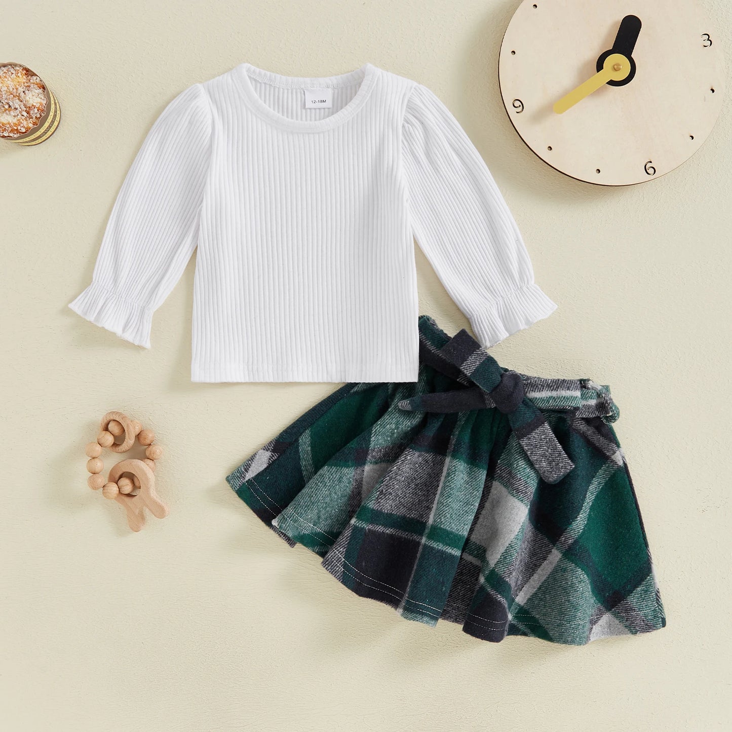 Long Sleeve Pullover with Plaid Print A-Line Skirt Belt Kid Clothing Set