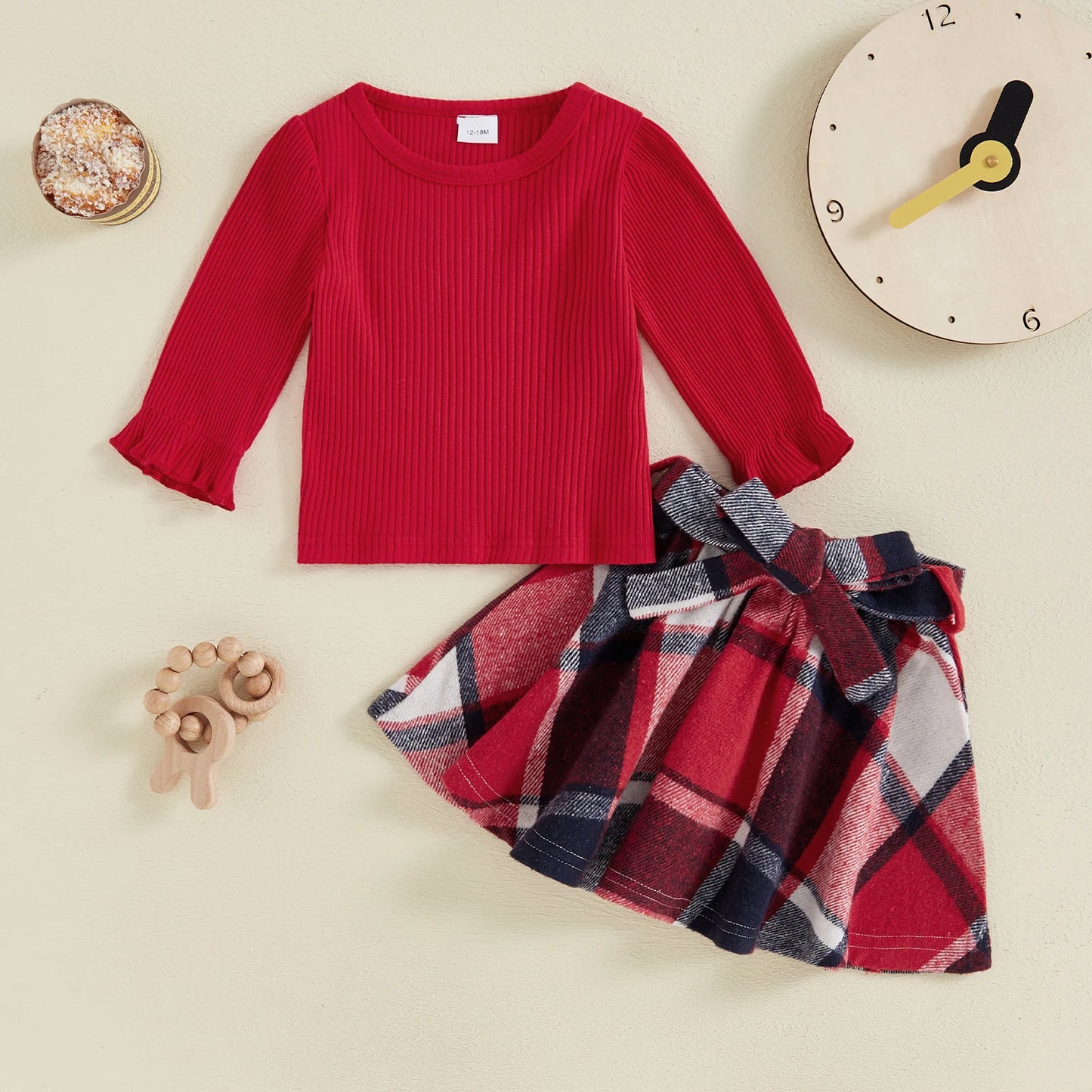 Long Sleeve Pullover with Plaid Print A-Line Skirt Belt Kid Clothing Set